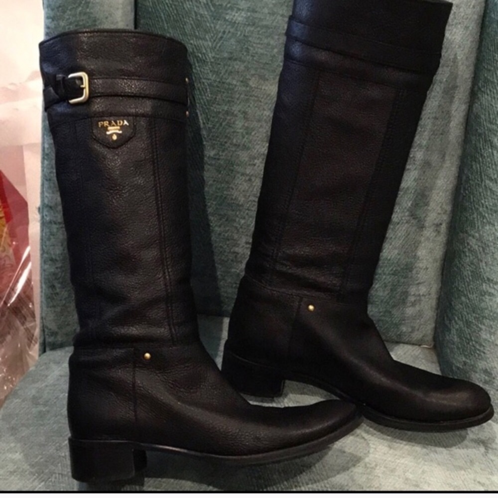 Prada logo black leather boots - Picture 1 of 6